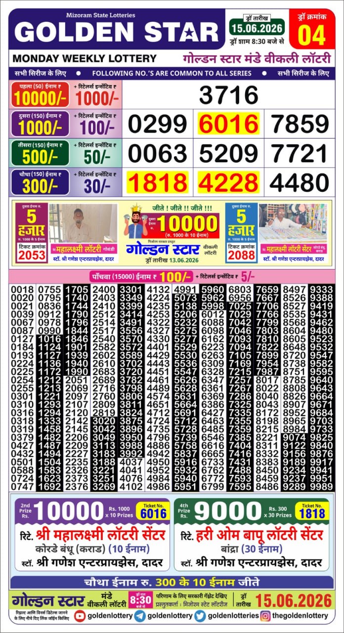 Golden Star Lottery Result Today 8:30PM 15.06.2026