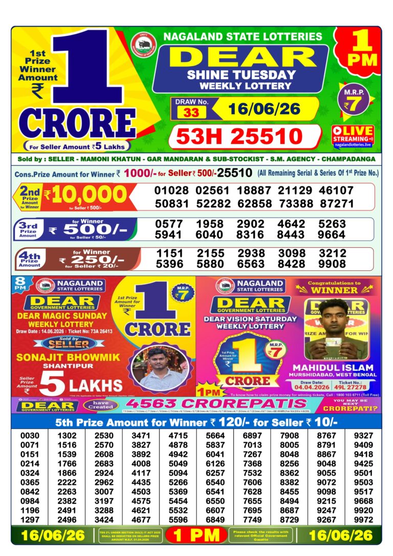Nagaland State Lottery Dear 1pm Result 16.06.2026