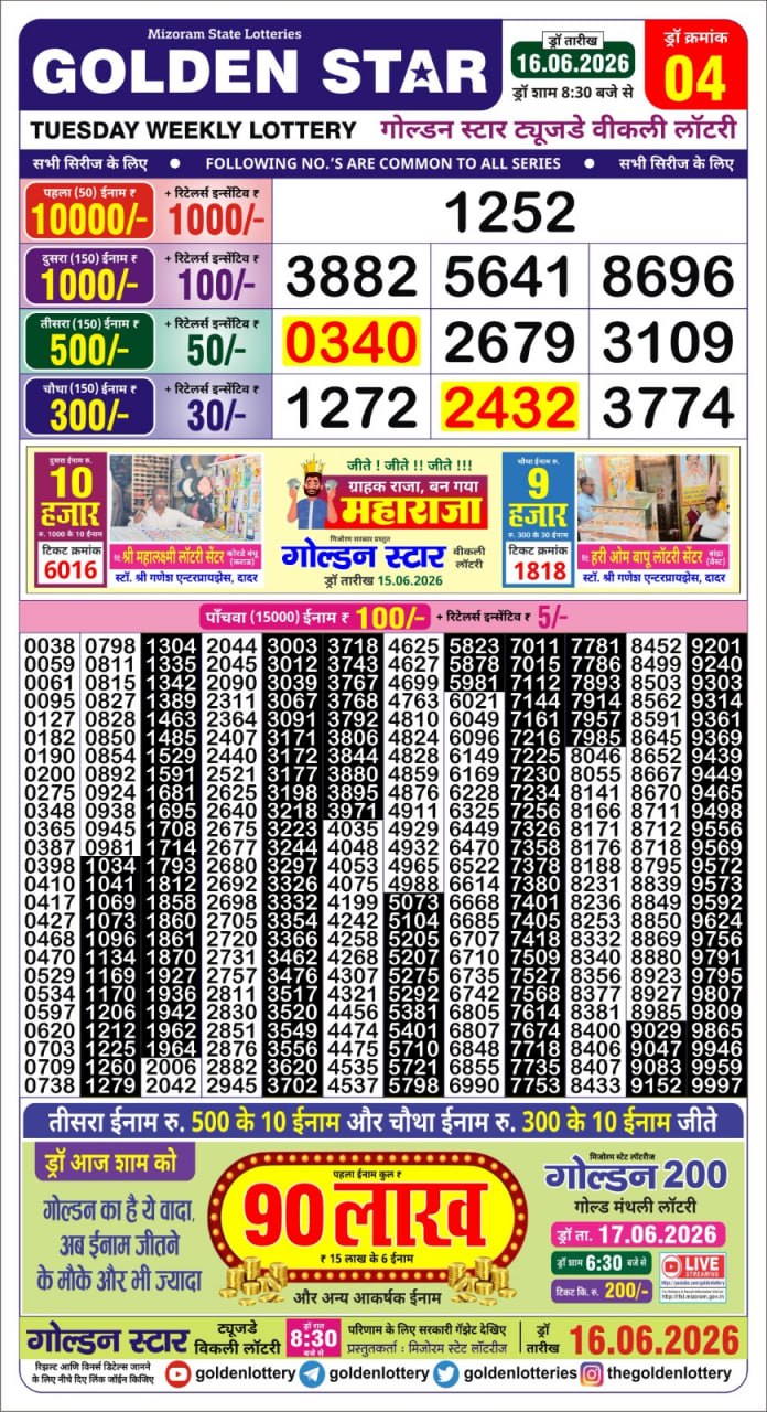Golden Star Lottery Result Today 8:30PM 16.06.2026