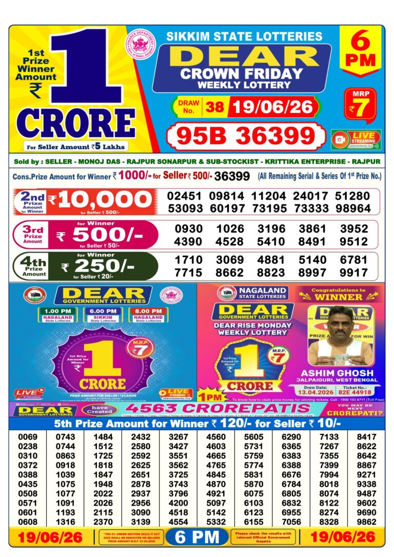 Sikkim State Lottery Dear Daily 6pm Result 19.06.2026