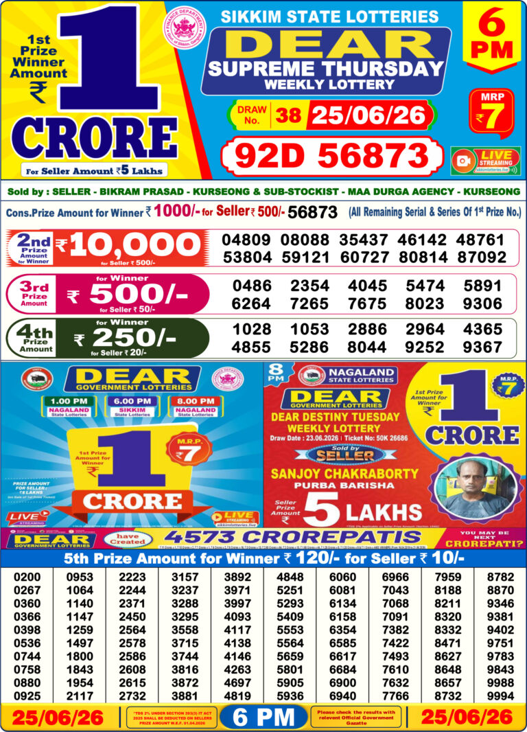 Sikkim State Lottery Dear Daily 6pm Result 25.06.2026