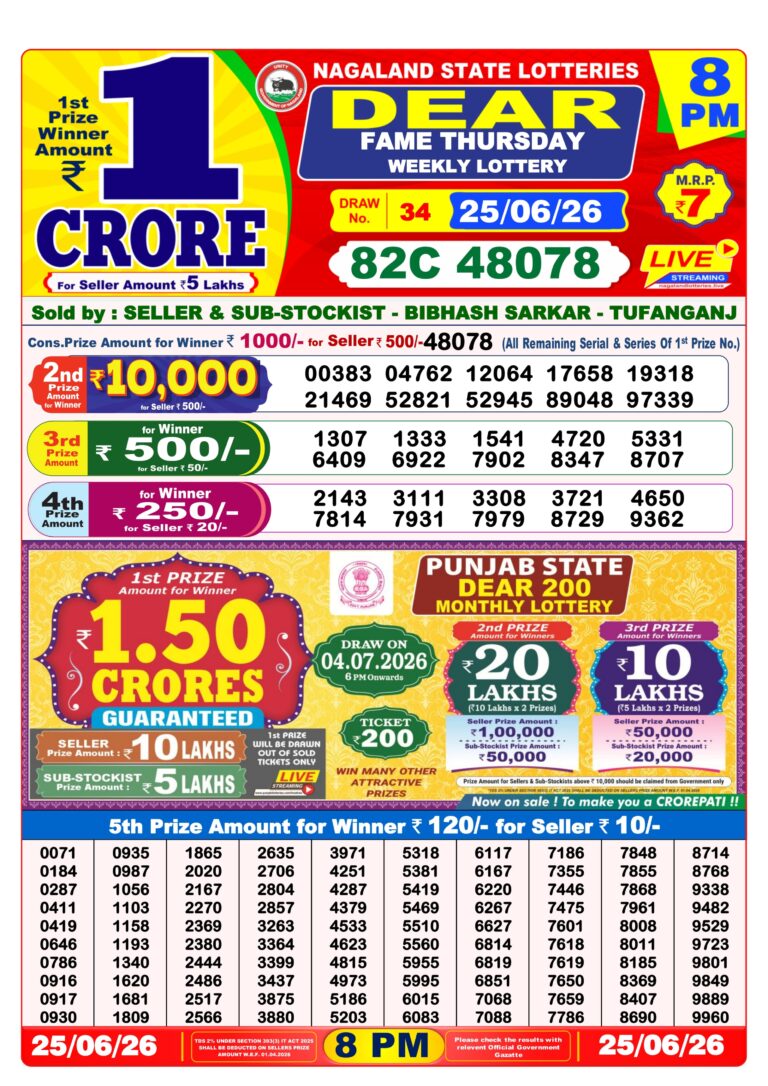 Nagaland State Lottery Dear Daily 8pm Result 25.06.2026