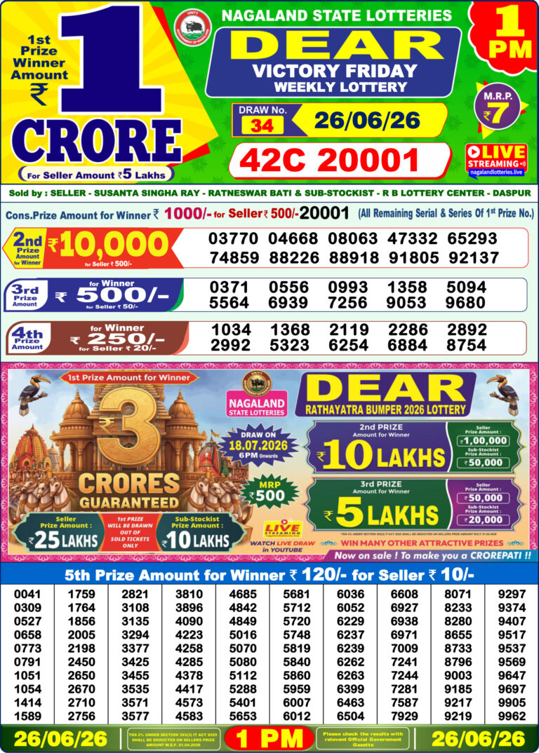 Nagaland State Lottery Dear 1pm Result 26.06.2026