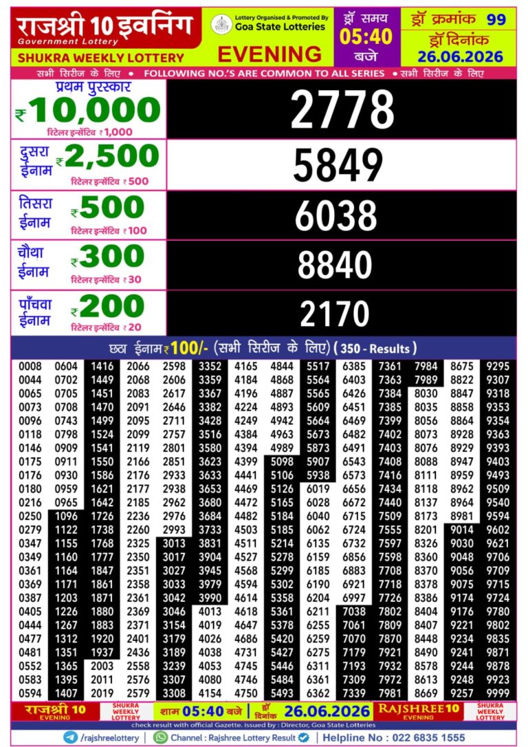 Goa State Lottery Rajshree 10 5:40pm Result 26.06.2026