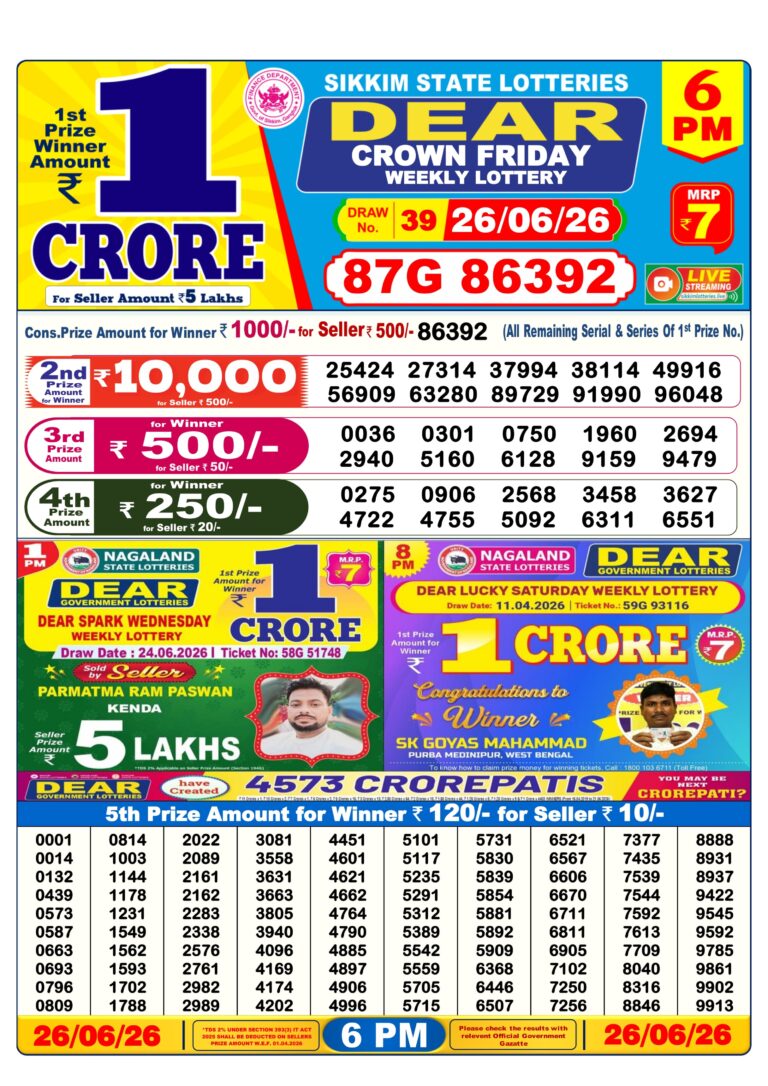 Sikkim State Lottery Dear Daily 6pm Result 26.06.2026