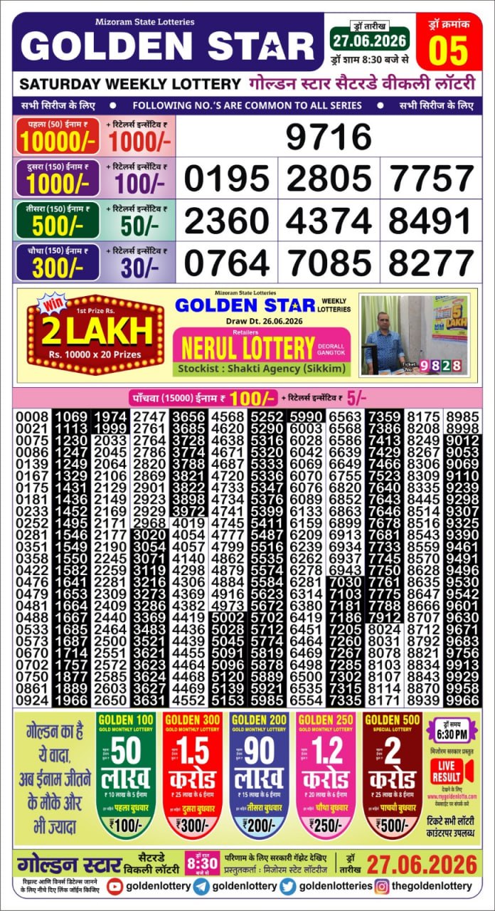 Golden Star Lottery Result Today 8:30PM 27.06.2026