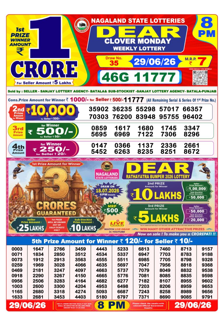 Nagaland State Lottery Dear Daily 8pm Result 29.06.2026
