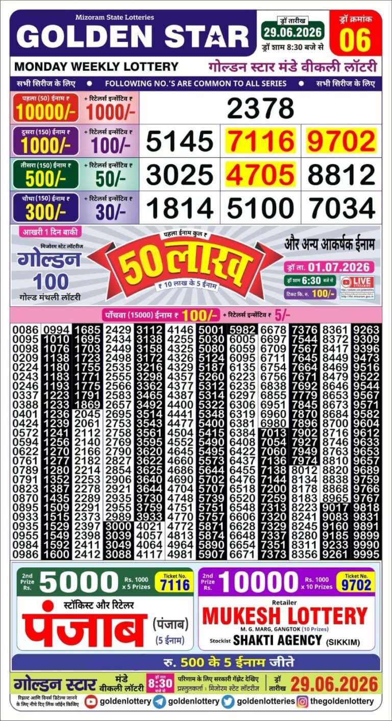 Golden Star Lottery Result Today 8:30PM 29.06.2026