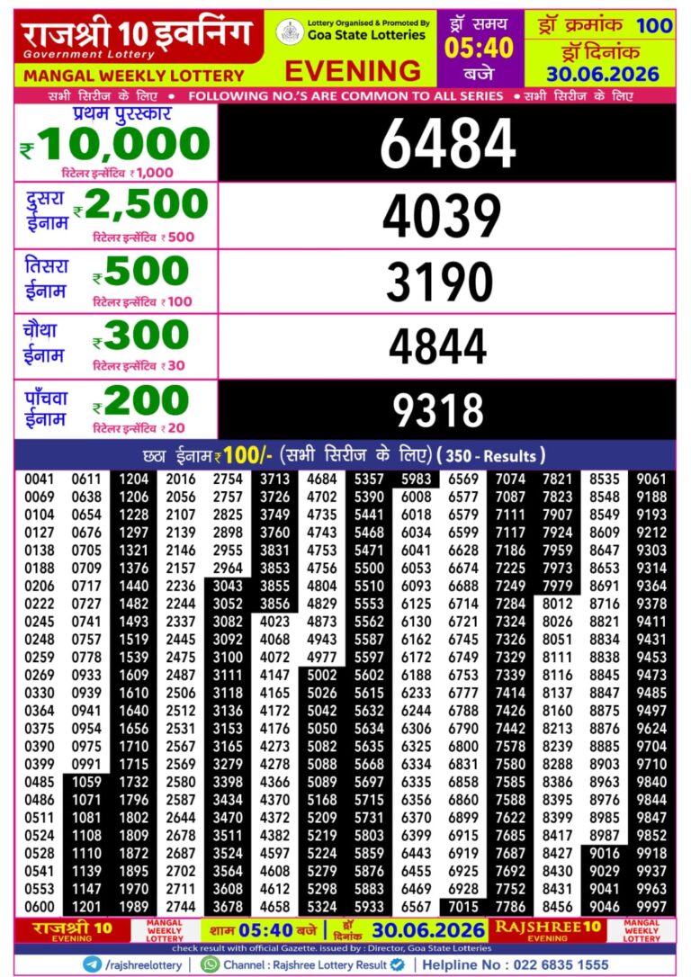 Goa State Lottery Rajshree 10 5:40pm Result 30.06.2026