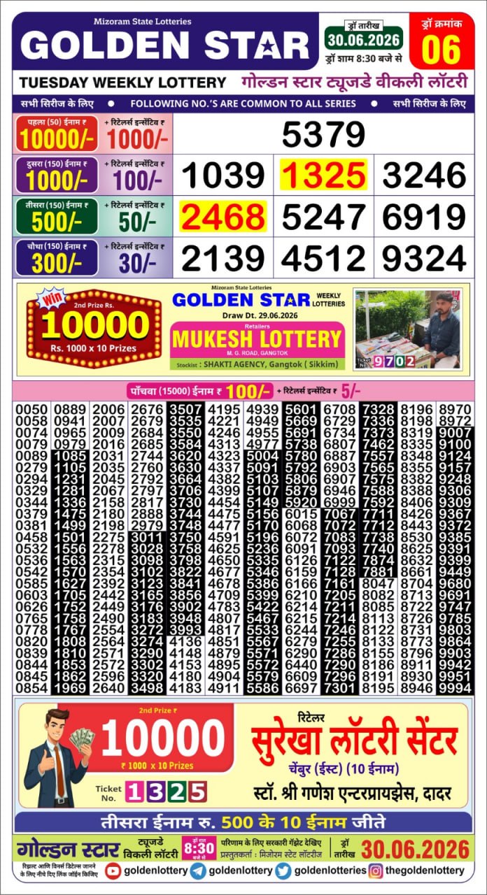 Golden Star Lottery Result Today 8:30PM 30.06.2026