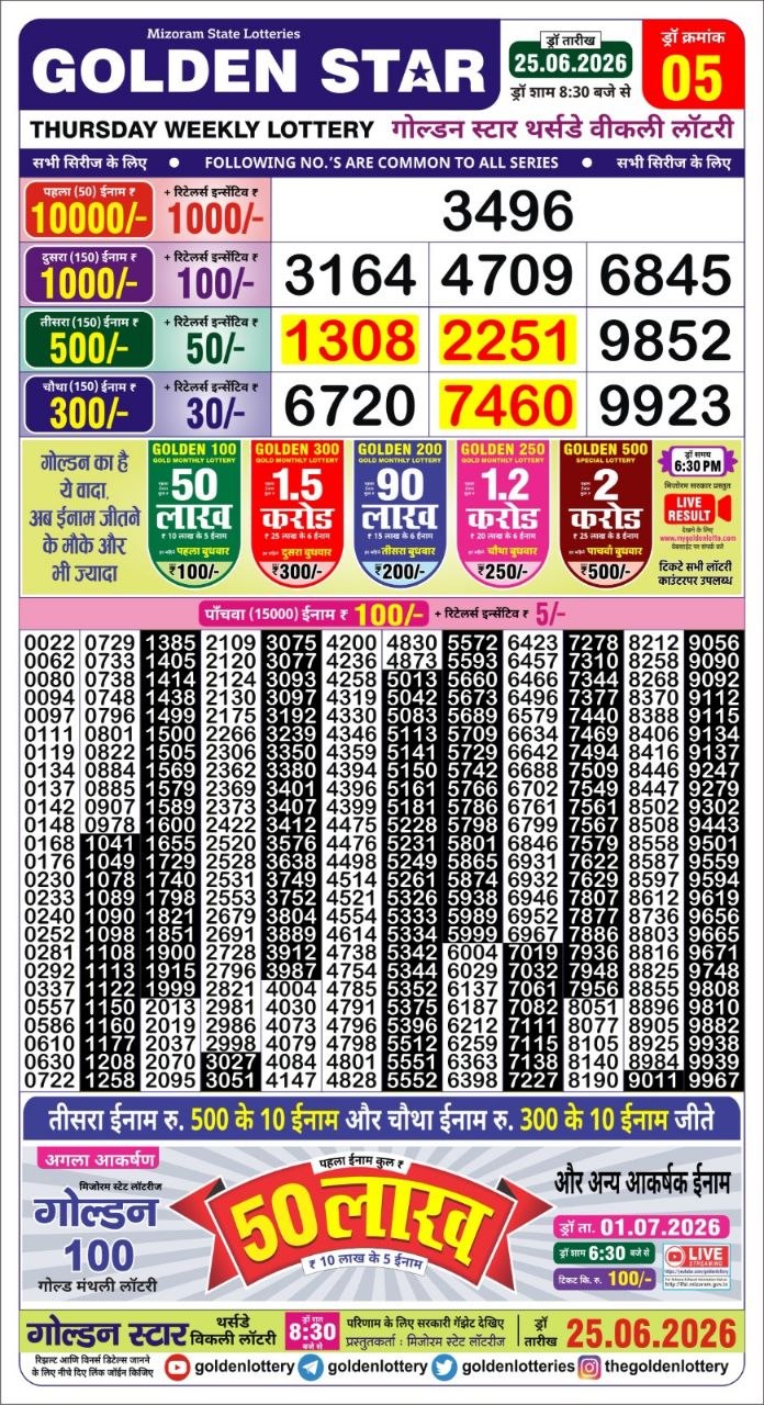 Golden Star Lottery Result Today 8:30PM 25.06.2026