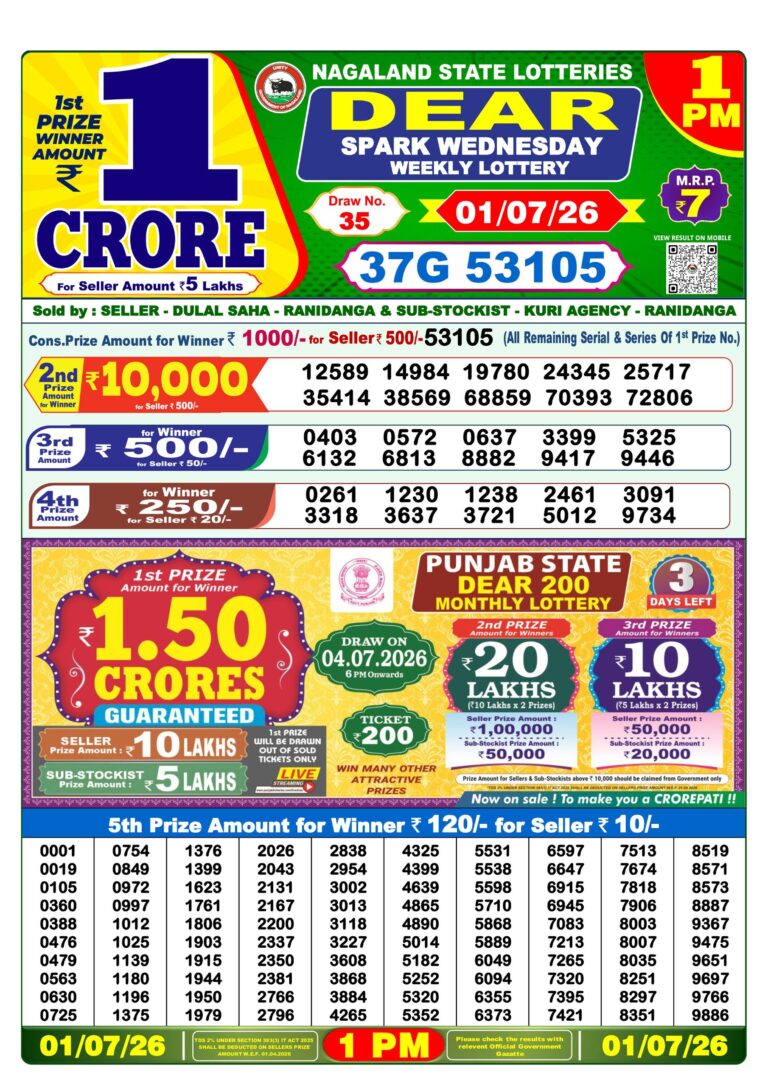 Nagaland State Lottery Dear 1pm Result 01.07.2026