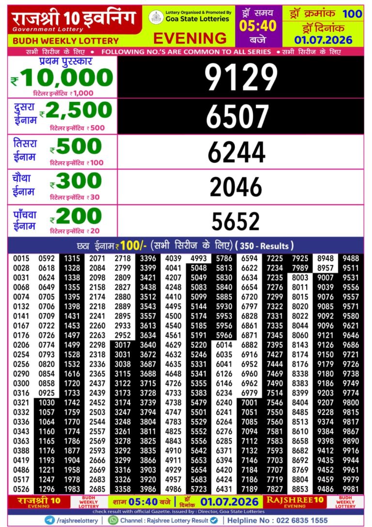 Goa State Lottery Rajshree 10 5:40pm Result 01.07.2026