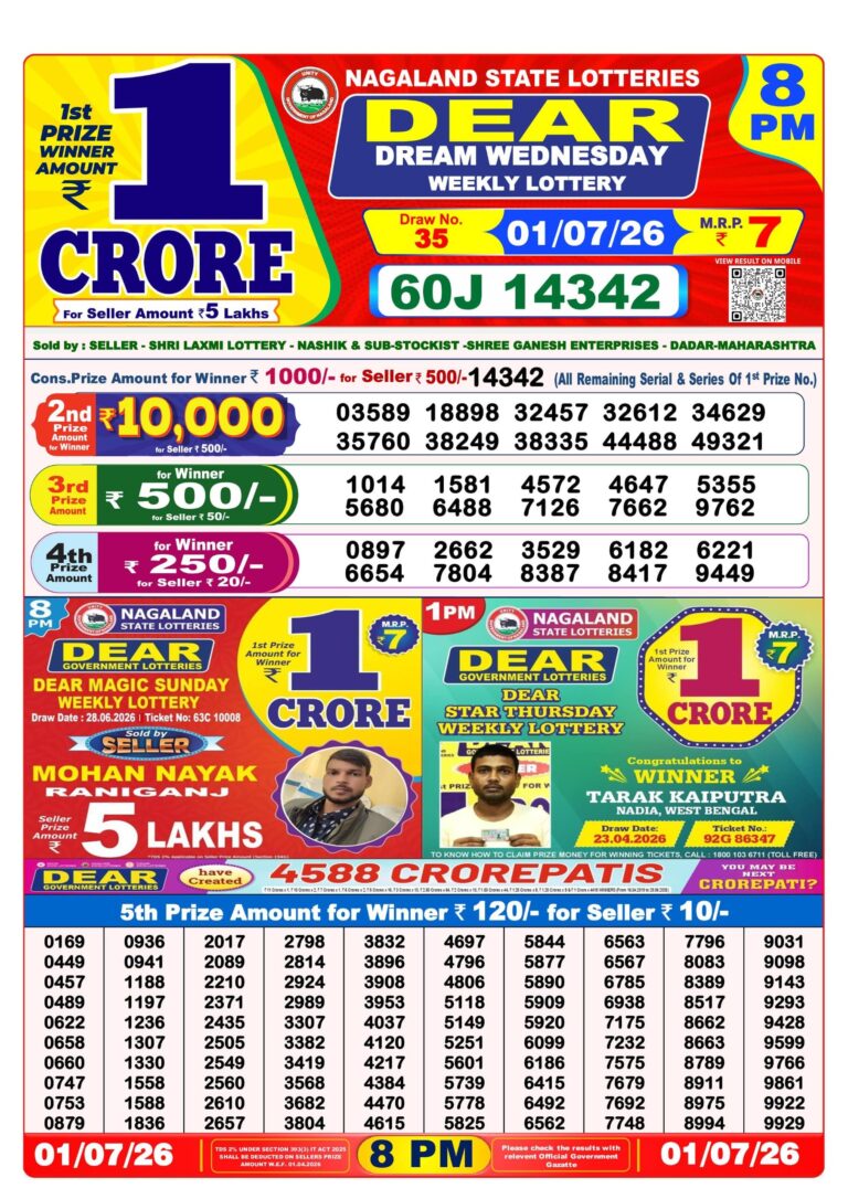 Nagaland State Lottery Dear Daily 8pm Result 01.07.2026