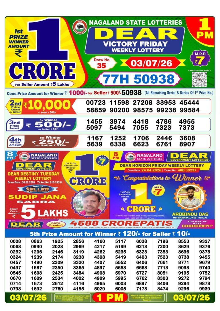 Nagaland State Lottery Dear 1pm Result 03.07.2026