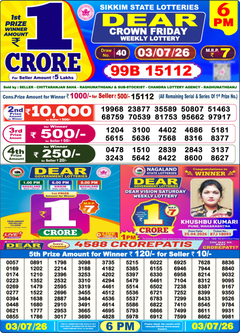 Sikkim State Lottery Dear Daily 6pm Result 03.07.2026