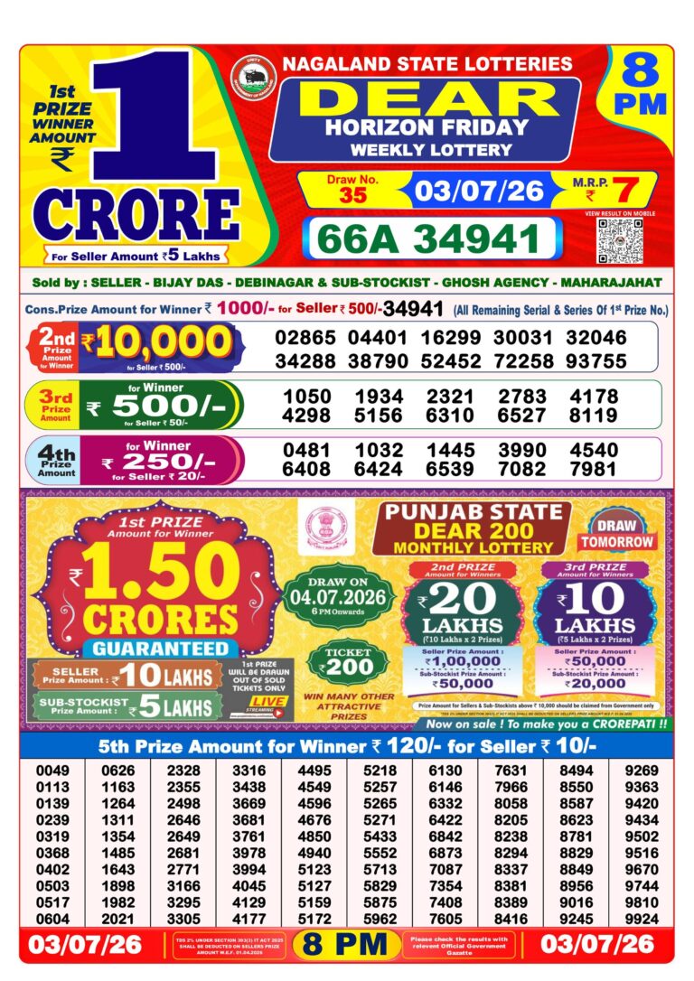 Nagaland State Lottery Dear Daily 8pm Result 03.07.2026