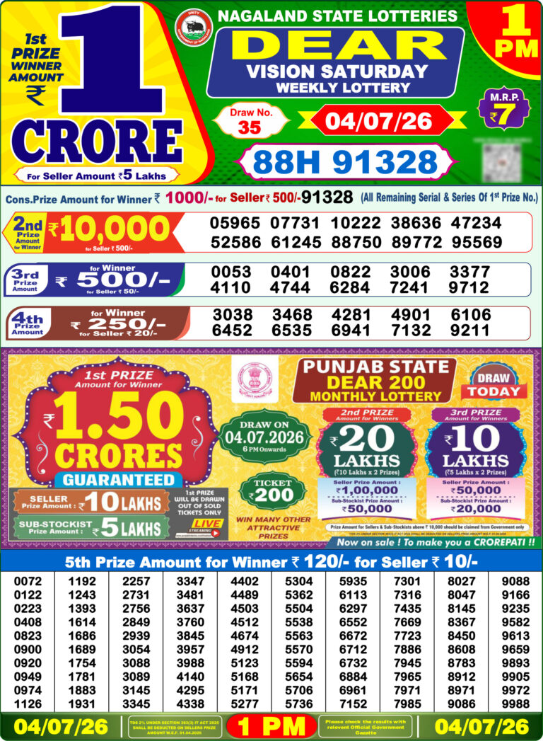 Nagaland State Lottery Dear 1pm Result 04.07.2026