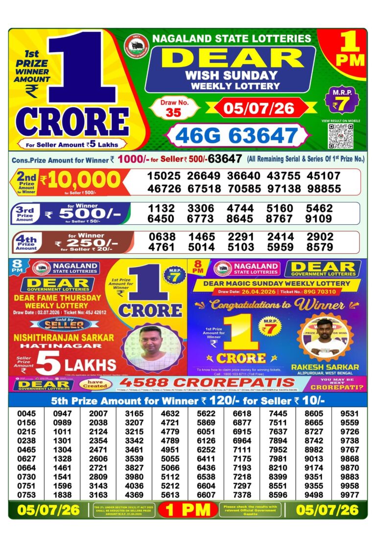 Nagaland State Lottery Dear 1pm Result 05.07.2026