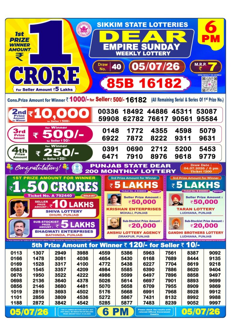 Sikkim State Lottery Dear Daily 6pm Result 05.07.2026