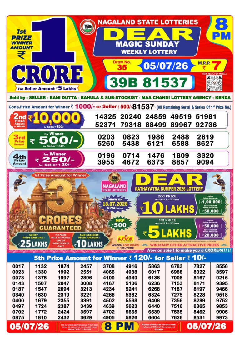 Nagaland State Lottery Dear Daily 8pm Result 05.07.2026