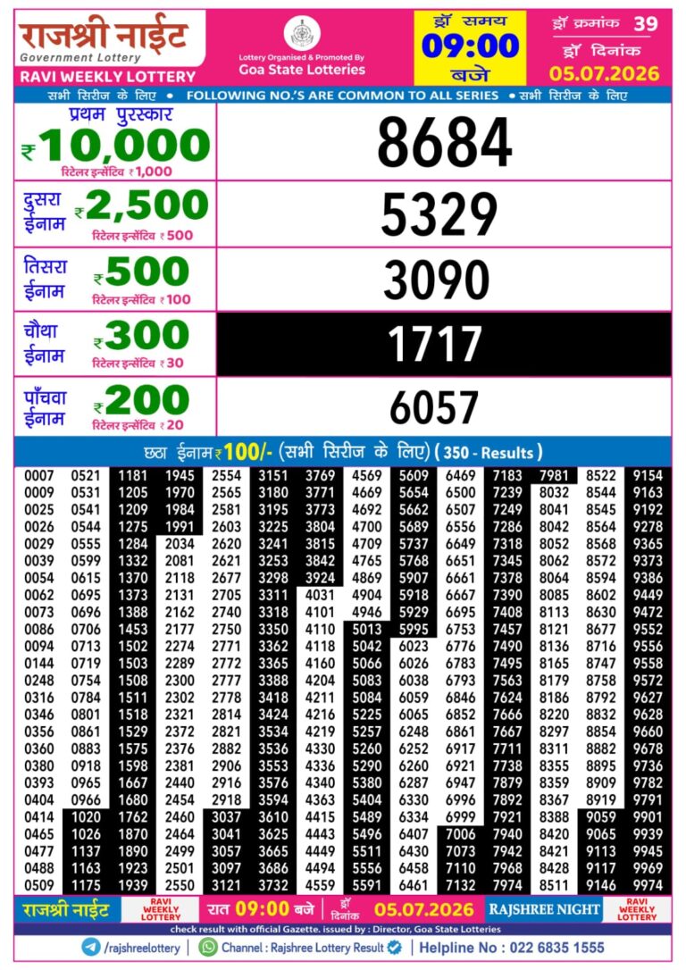 Rajshree Night Sunday Weekly Lottery 9pm Result 05.07.2026