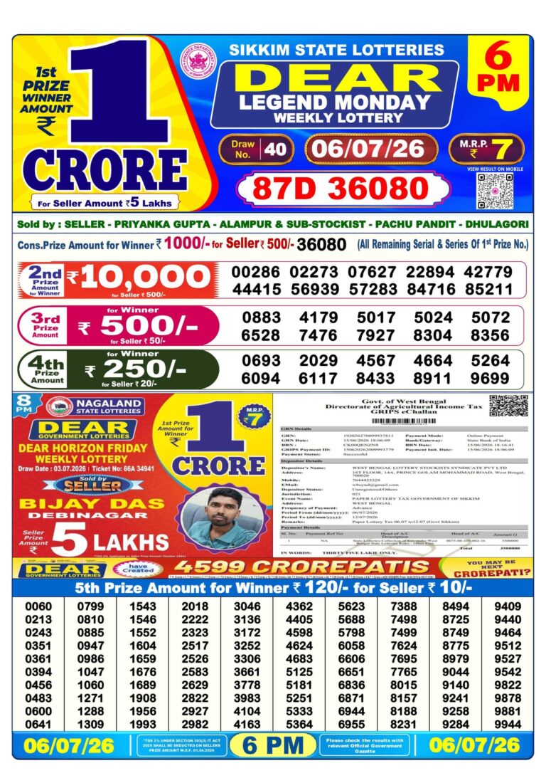 Sikkim State Lottery Dear Daily 6pm Result 06.07.2026