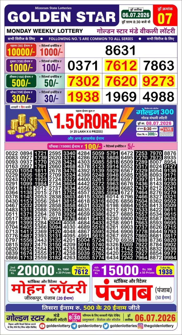 Golden Star Lottery Result Today 8:30PM 06.07.2026