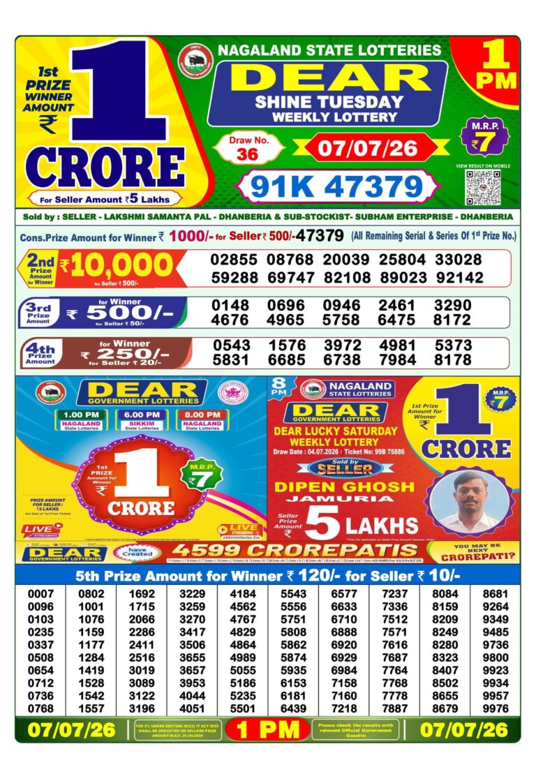Nagaland State Lottery Dear 1pm Result 07.07.2026