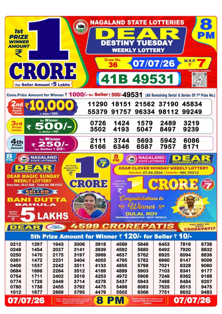 Nagaland State Lottery Dear Daily 8pm Result 07.07.2026