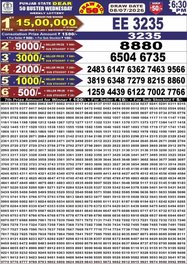 Punjab State Dear 50 Wednesday Weekly Lottery 6:30 PM Result 08.07.2026