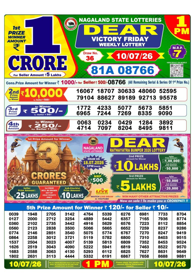 Nagaland State Lottery Dear 1pm Result 10.07.2026
