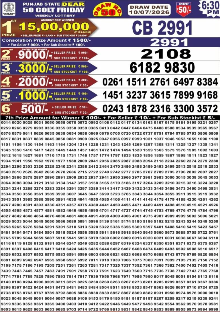 Punjab State Dear 50 Friday Weekly Lottery 6:30 PM Result 10.07.2026