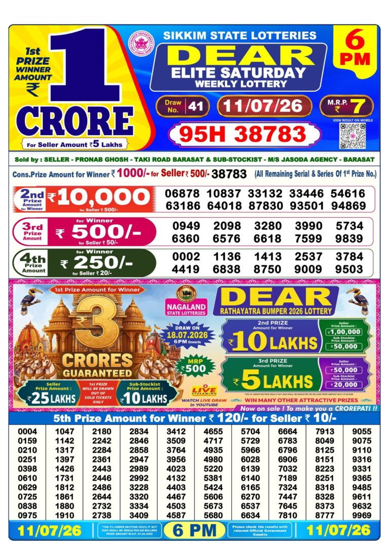 Sikkim State Lottery Dear Daily 6pm Result 11.07.2026