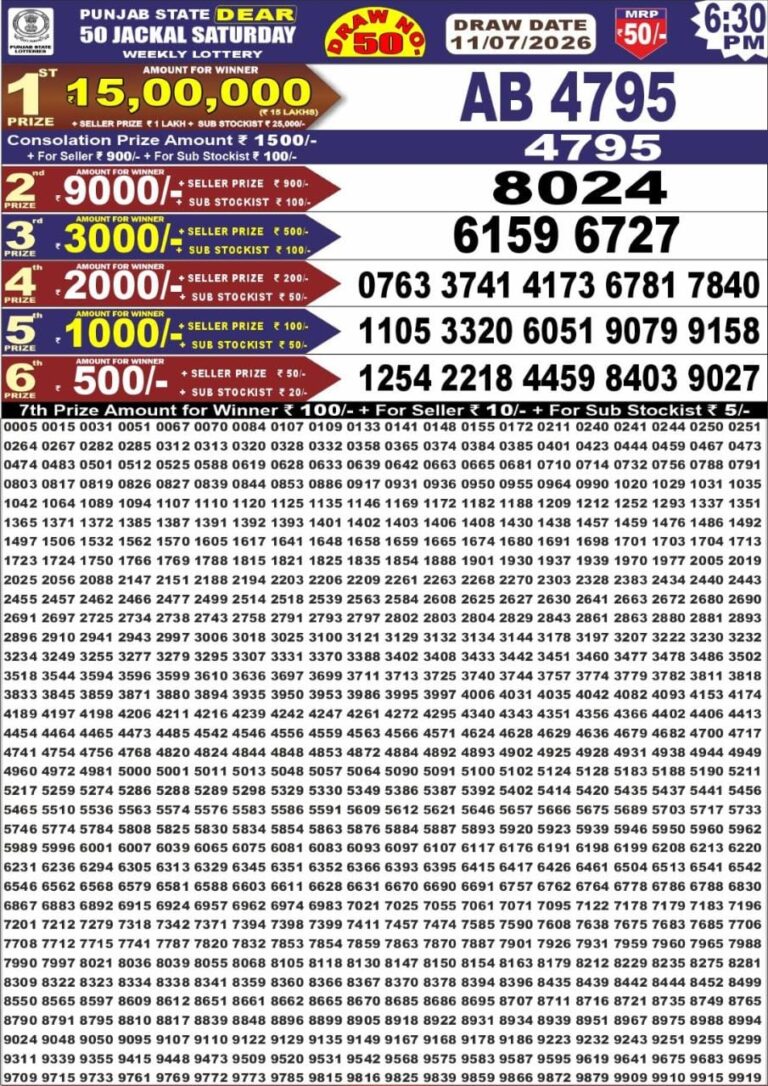 Punjab State Dear 50 Saturday Weekly Lottery 6:30 PM Result 11.07.2026