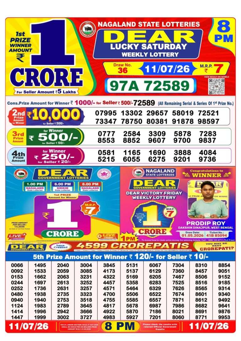 Nagaland State Lottery Dear Daily 8pm Result 11.07.2026