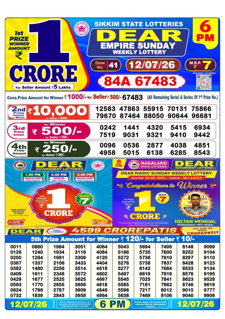 Sikkim State Lottery Dear Daily 6pm Result 12.07.2026