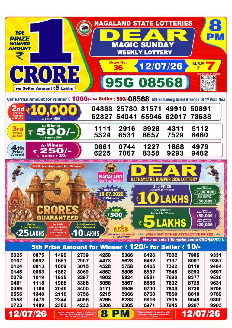 Nagaland State Lottery Dear Daily 8pm Result 12.07.2026
