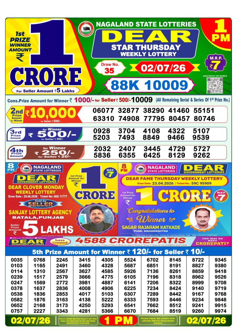 Nagaland State Lottery Dear 1pm Result 02.07.2026