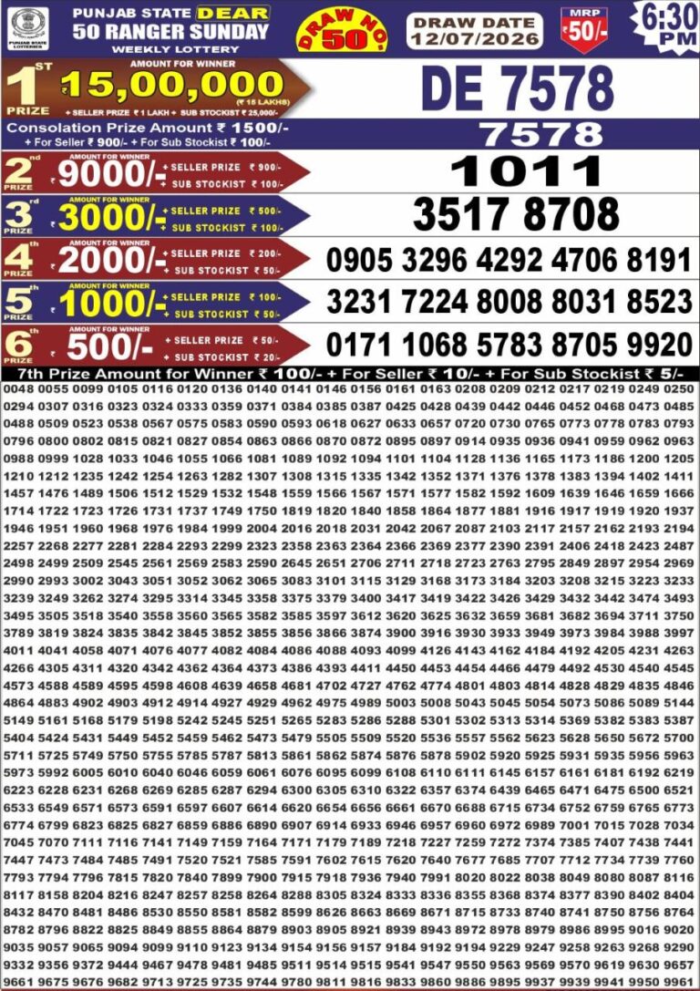 Punjab State Dear 50 Sunday Weekly Lottery 6:30 PM Result 12.07.2026