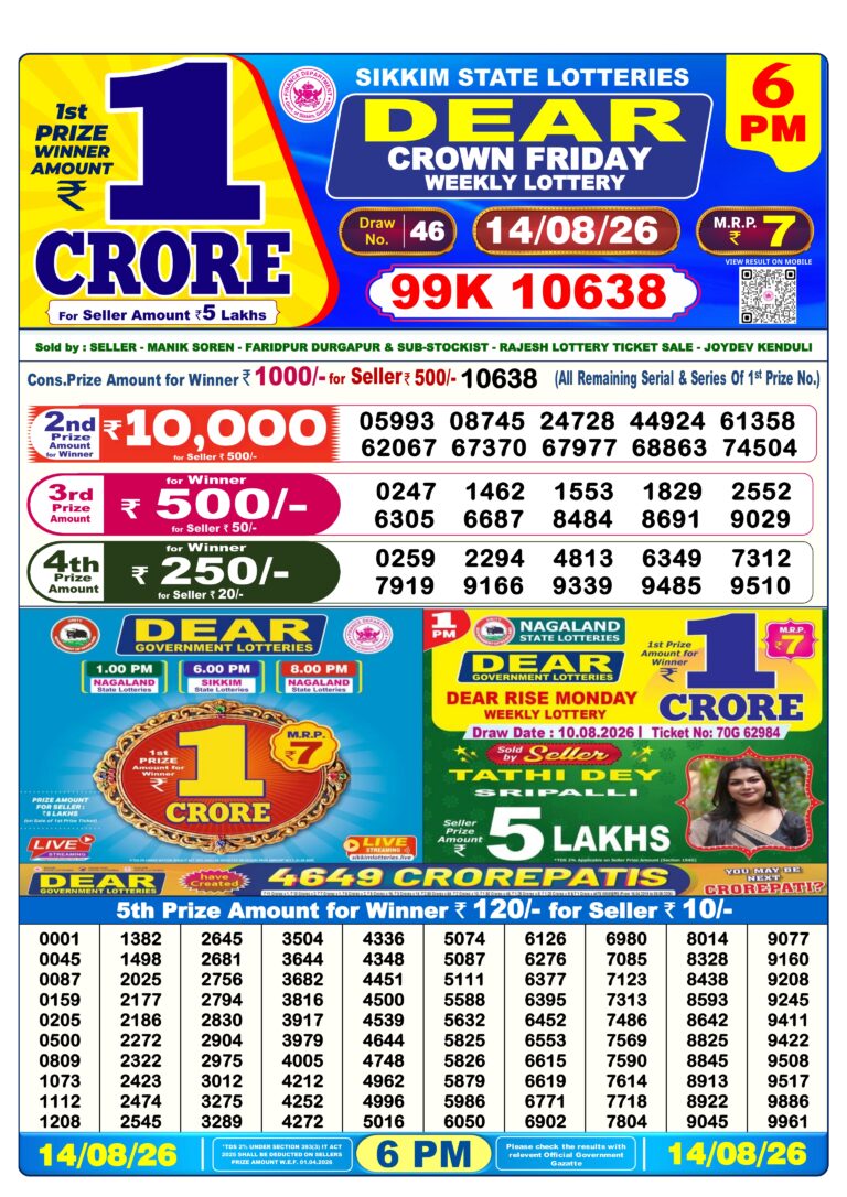 Sikkim State Lottery Dear Daily 6pm Result 14.08.2026