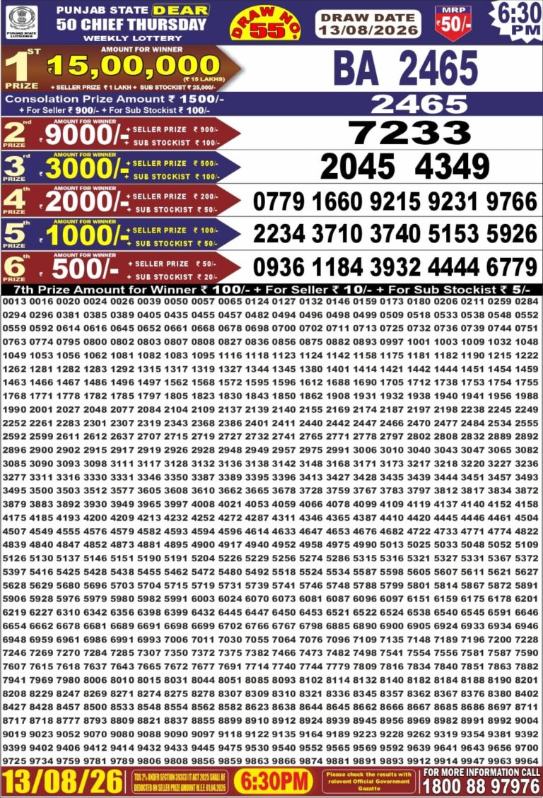 Punjab State Dear 50 Thursday Weekly Lottery 6:30 PM Result 13.08.2026