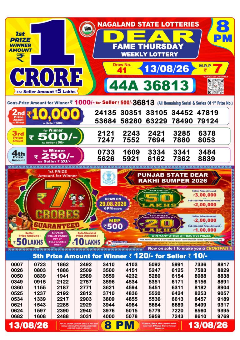 Nagaland State Lottery Dear Daily 8pm Result 13.08.2026