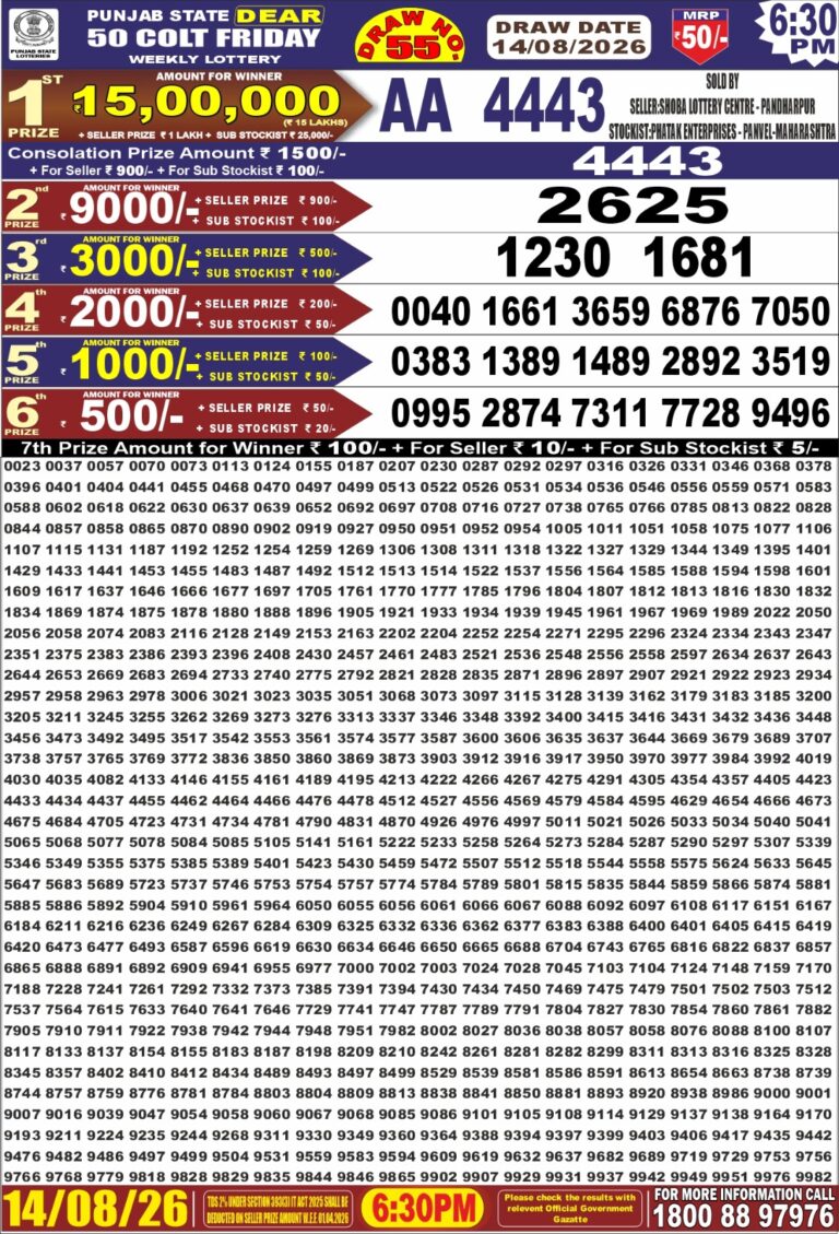 Punjab State Dear 50 Friday Weekly Lottery 6:30 PM Result 14.08.2026