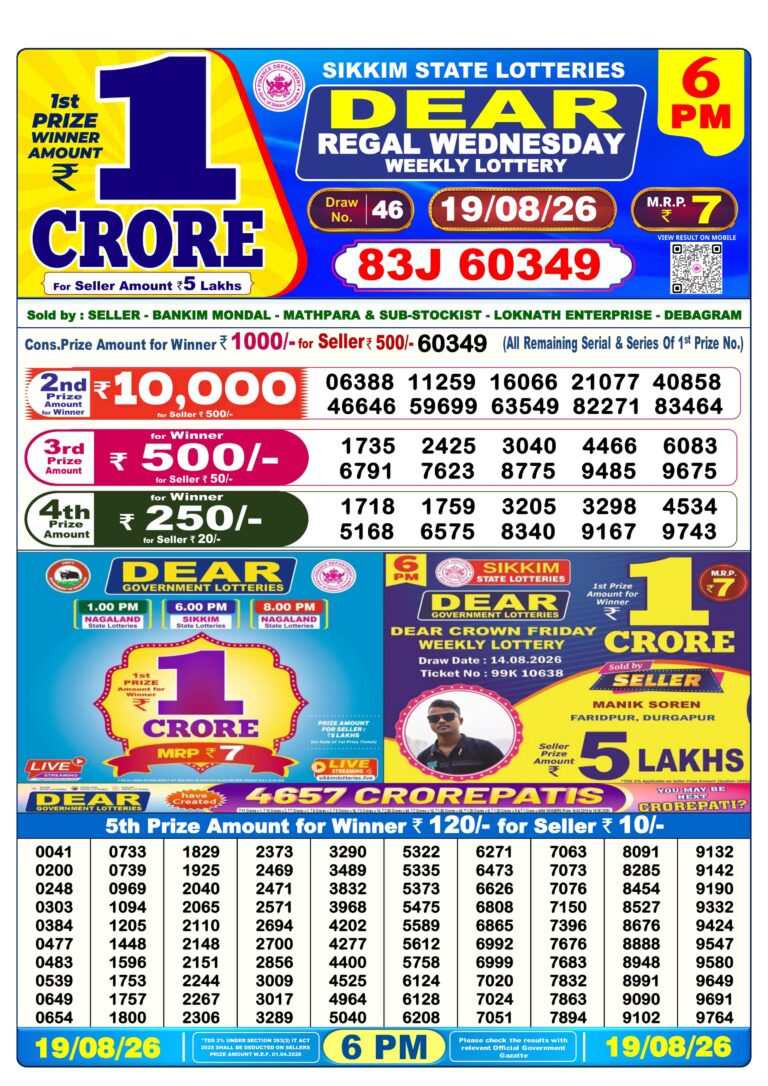 Sikkim State Lottery Dear Daily 6pm Result 19.08.2026