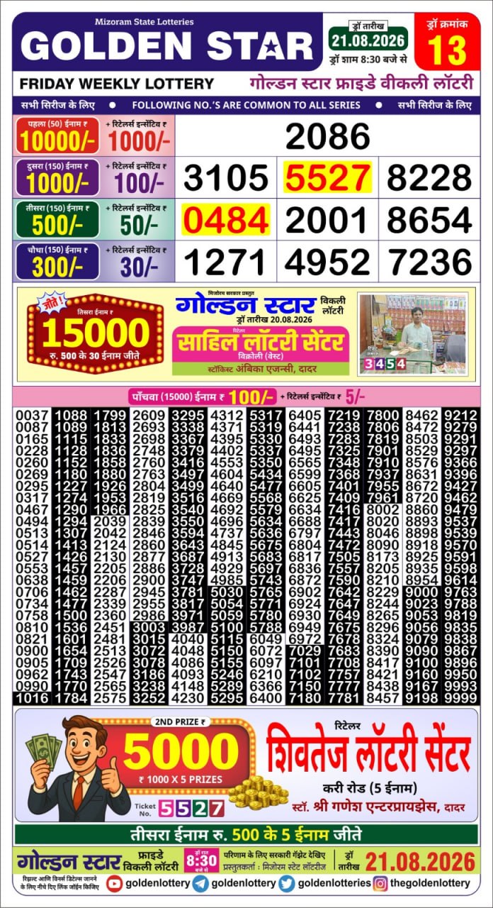 Golden Star Lottery Result Today 8:30PM 21.08.2026