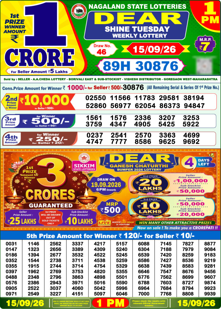 Nagaland State Lottery Dear 1pm Result 15.09.2026