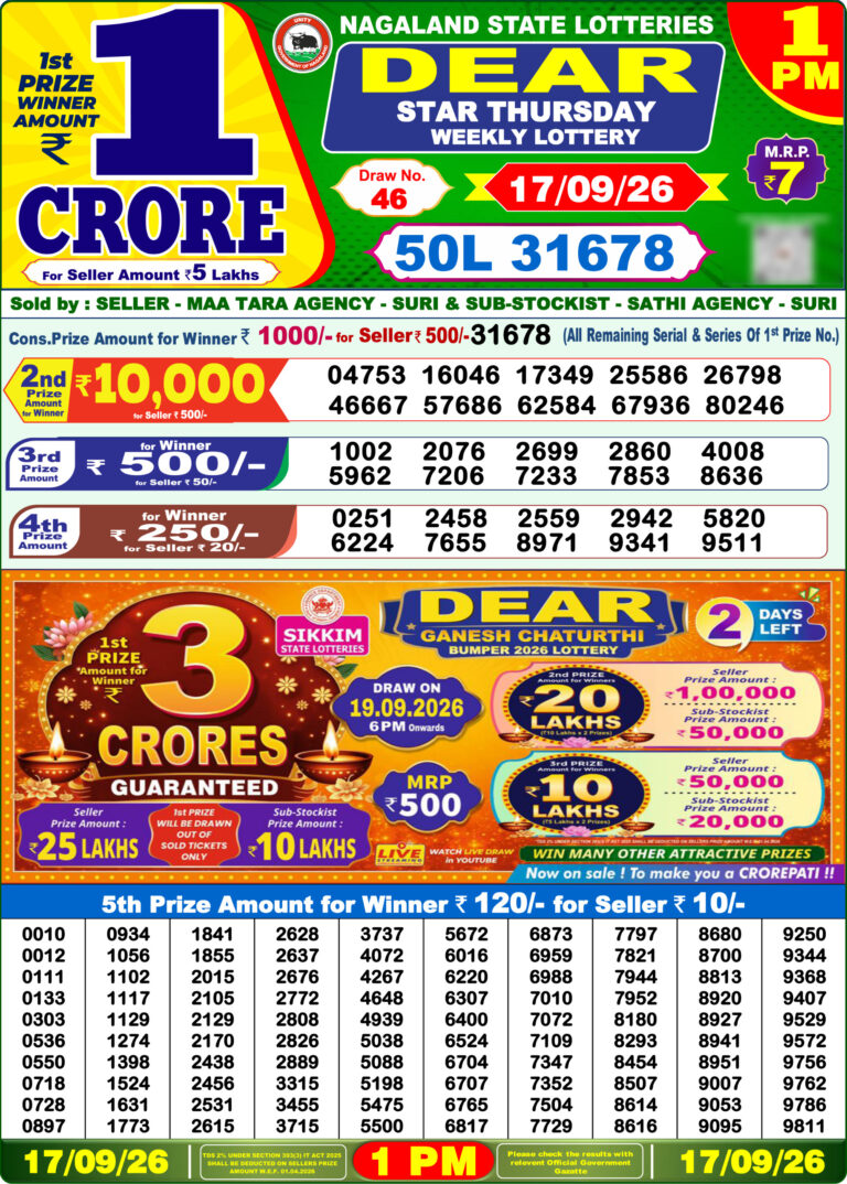 Nagaland State Lottery Dear 1pm Result 17.09.2026