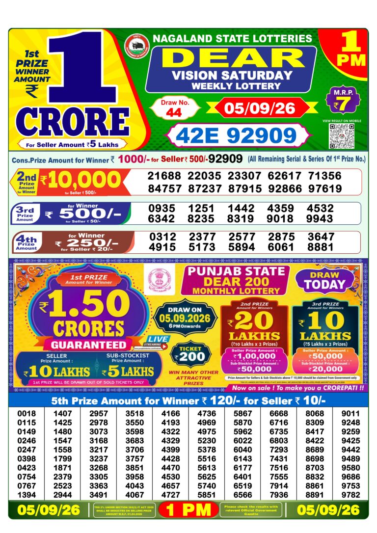Nagaland State Lottery Dear 1pm Result 05.09.2026