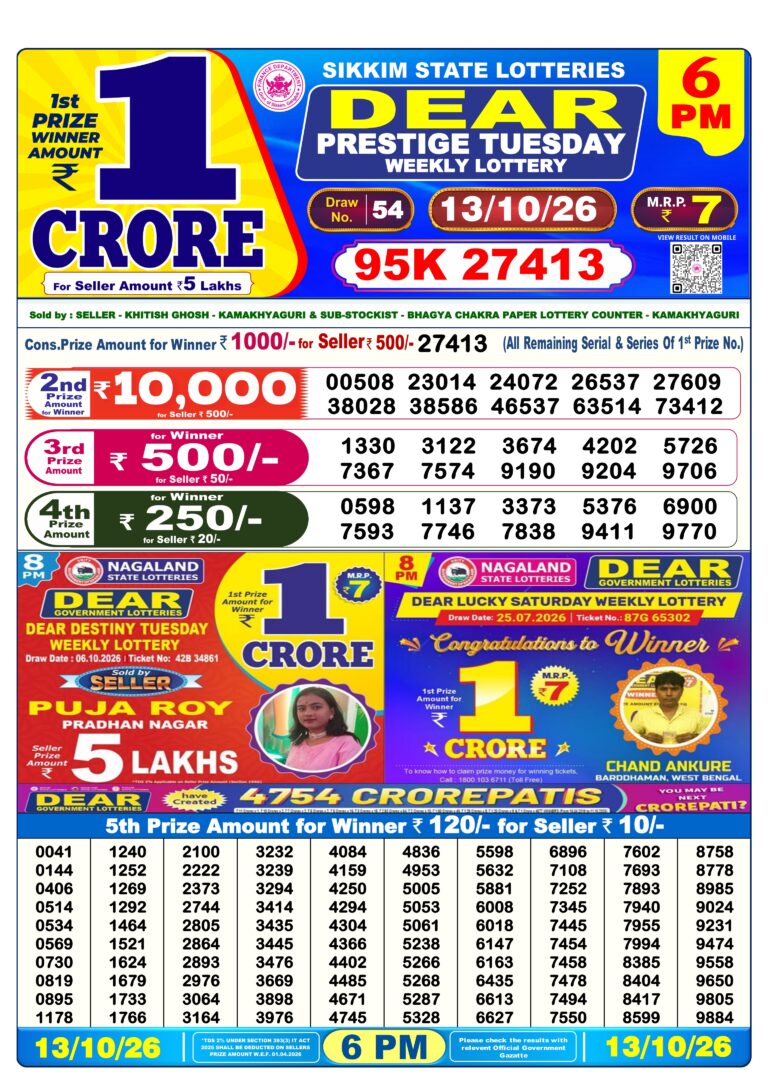 Sikkim State Lottery Dear Daily 6pm Result 13.10.2026